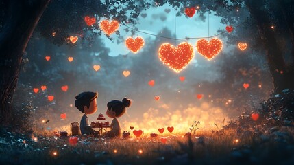 Charming Valentine Day picnic with animated characters enjoying a romantic meal with heart-shaped treats and decorations