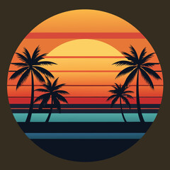 Poster - A  sunset is depicted within a circular frame, showcasing silhouettes of palm trees against bold, colorful stripes