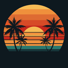 Poster - A  sunset is depicted within a circular frame, showcasing silhouettes of palm trees against bold, colorful stripes