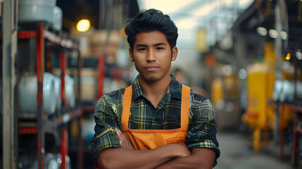 Wall Mural - Young man wearing a plaid shirt and overalls standing in a factory.