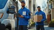 © inthasone - Two delivery men in blue uniforms use a tablet computer while loading packages with their coworker in a delivery van.