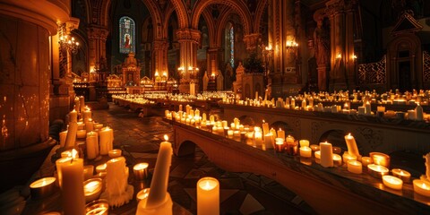 Sticker - All Saints' Day. Interior of church with burning candles during the night.