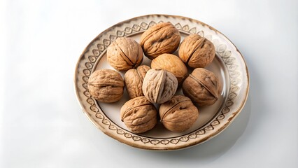 A Symphony of Shells: A Still Life of Walnuts on a Porcelain Plate  generative AI