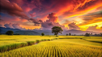 Wall Mural - Golden Harvest Under a Crimson Sky  generative AI