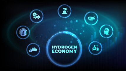 Wall Mural - Hydrogen economy vector illustration. Concept with connected icons related to hydrogen use as fuel, in industrial processes, hydrogen storage and transport