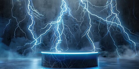 Wall Mural - empty electrical podium for product display, lightning background