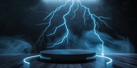 Wall Mural - empty electrical podium for product display, lightning background