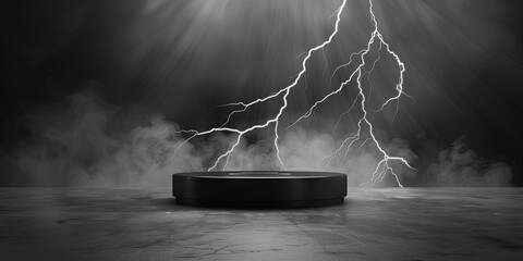 Wall Mural - empty electrical podium for product display, lightning background