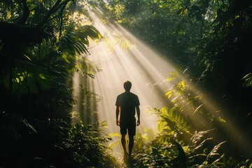 Wall Mural - A lone figure stands in a vibrant jungle, illuminated by soft rays of sunlight filtering through the lush foliage, creating a serene and enchanting atmosphere