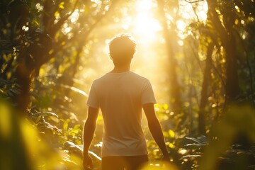 Wall Mural - A silhouette of a person standing in a forest, illuminated by warm sunlight filtering through the trees, creating a serene and peaceful atmosphere