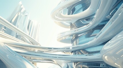 A futuristic skyscraper with flowing, organic curves and a glass facade