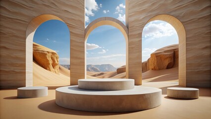 Poster - Double step stone podium in front of arches with a desert background, ideal for displaying modern products , desert, arches