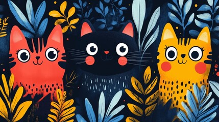 Three playful cartoon cats stand among bright leaves in a cheerful, artistic display