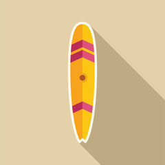 Poster - yellow surfboard with pink stripes casting a long shadow on the sand