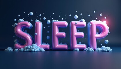 Wall Mural - Glossy pink 'SLEEP' letters with foam bubbles and soft light on a dark background.