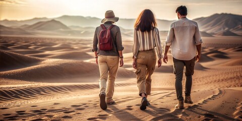 Three people walking in desert at sunset with mountains