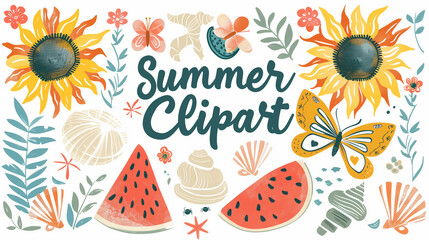 Summer-themed clipart with sunflowers, watermelon, and sea shells on white background.