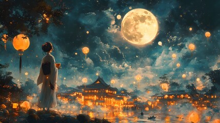 whimsical japanese moon festival with animated characters enjoying mooncakes tea and admiring the fu