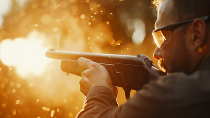 A muzzle blast from a shotgun by an experienced hunter and marksman shooter wearing safety glasses - an action slow mo shot of a shotgun firing at a shooting range or clay pigeon shooting gallery.