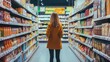 © Nick - Young woman in jacket buying goods items stands in between shelves grocery store supermarket Caucasian female long blonde hair