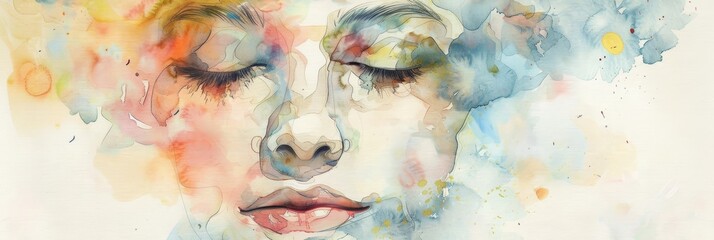 Wall Mural - a serene watercolor painting depicting a woman's face with closed eyes, symbolizing peace, tranquili