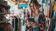 © Nick - Female shop owner looking at tablet business analysis data clothes retail shop in shopping mall Caucasian woman