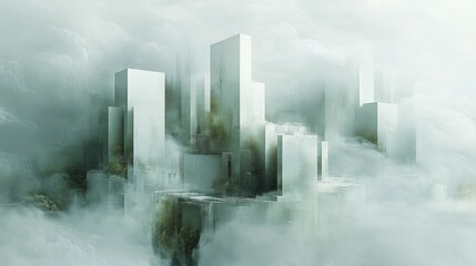 Canvas Print - Tall buildings loom through a thick layer of fog, creating a mysterious and serene atmosphere in the city