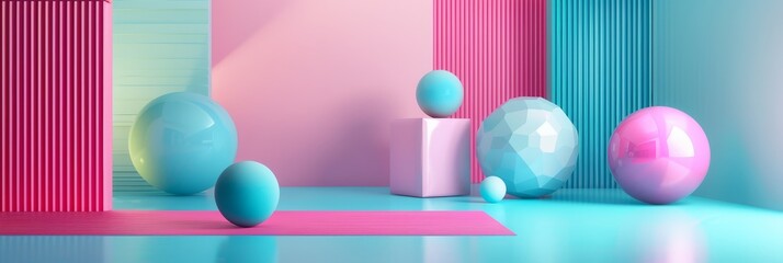 Wall Mural - A vibrant abstract scene with pastel pink and blue geometric shapes, including spheres, a cube, and striped walls. This image symbolizes creativity, playfulness, and modern design.