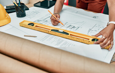 Poster - blueprint, drawing and hands of woman at desk with planning, project management and creative develop