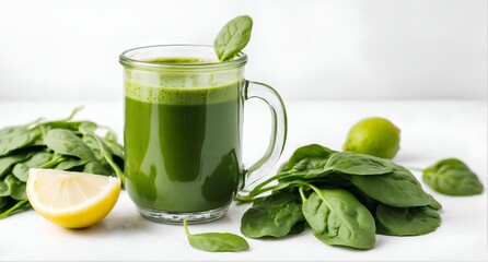 Wall Mural - Green spinach smoothie with lemon. Detox, clean diet. Vegetable drink.