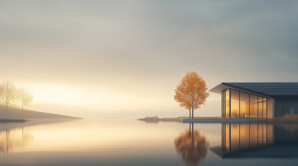 Wall Mural - A house is on a lake with a tree in front of it