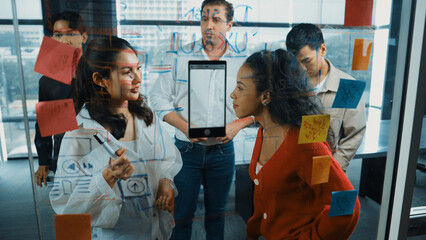 Wall Mural - Portrait of group of professional diverse start up business team present marketing plan to investor. Business team brainstorming, discussion about new product and marketing strategy. Manipulator.