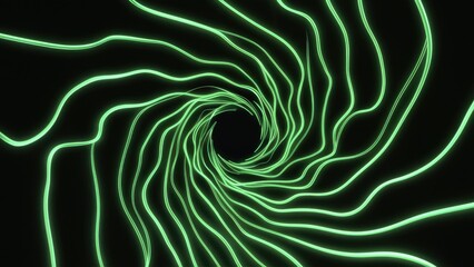 Poster - 3D Render of Dynamic Abstract Vortex with Wavy Green Neon Lines Against a Black Background Featuring Soft Bokeh Effects