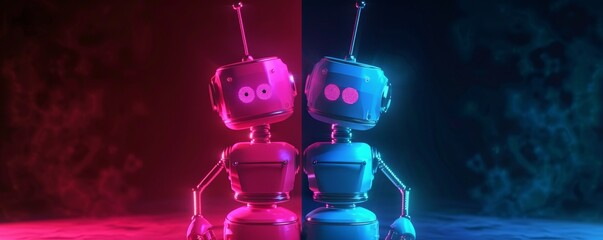 Two glowing robots, one pink, one blue, stand back to back against a contrasting backdrop.