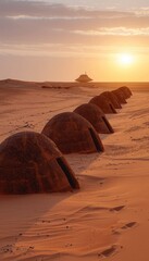 Wall Mural - A picturesque row of simple huts situated in the desert during sunset