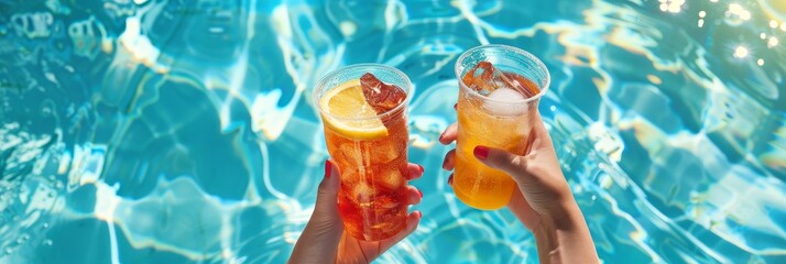 Two hands holding refreshing cocktails with ice and fruit garnishes, floating in a sparkling blue swimming pool. The image symbolizes summer, vacation, relaxation, and celebration.