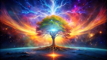 Wall Mural - Cosmic Genesis: A Quasar Tree Takes Root  generative AI