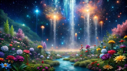 Wall Mural - Cosmic Bloom: A Tapestry of Starry Flowers  AI generated