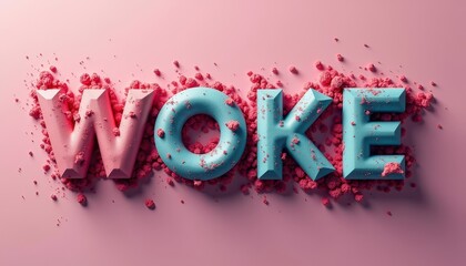 Wall Mural - Colorful 'WOKE' text with textured background and scattered fragments.