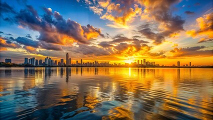 Wall Mural - Golden Hour Reflections: A Vibrant Sunset Skyline  Generative AI
