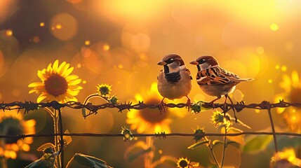 Two vibrant sparrows perched on a fence, sharing a tender moment amidst a field of sunflowers under a golden sunset