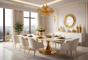 White and gold theme interior modern minimalism photo realism neww Style 3d Paints Doodle Illustration Deep View High Results 4k HD