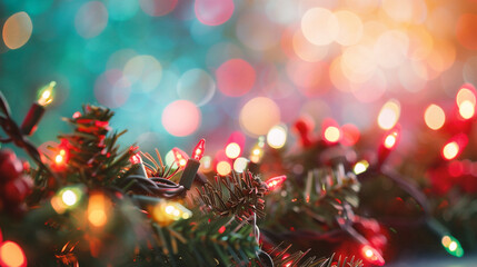 Wall Mural - christmas lights on colorful bokeh background. holiday and celebration concept.