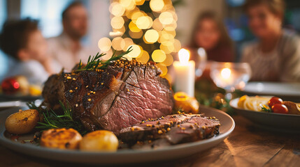 Delicious roast beef with rosemary garnish on the Christmas table