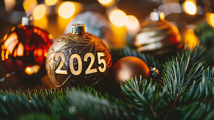 Wall Mural - christmas decoration on bokeh background. happy new year 2025