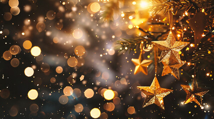 Wall Mural - christmas and new year background with golden stars and bokeh lights