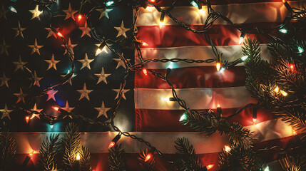 Wall Mural - american flag with christmas lights and garland, vintage toned
