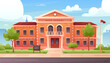 © MaryDesy - School building. Vector illustration of High school exterior with road, garden, flag, green plants and trees, cityscape. Back to school. Schoolhouse outside. Elementary children education, college