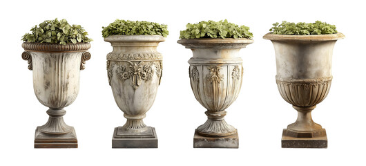 Set of garden urn planters with with lush greenery isolated on transparent or white background