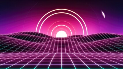 Poster - Vibrant Neon Gradient Grid Landscape Grid Patterned Terrain